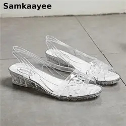 36-40 Women Sandals Summer Peep Toe Shoes Transparency Crystal Zapatos Wedges Thick Bottom Platform Anti-slip Beach Footwear y17