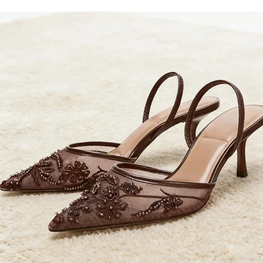 Summer Pointed Toe Mesh Embroider High Heels for ladies Elegant String Bead pumps Sexy Luxury Designer Shoe Brown Heeled Sandals view 6