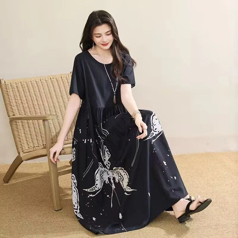 

Women's Summer Butterfly Print Maxi Dress Loose Fit Plus Size Casual Dress