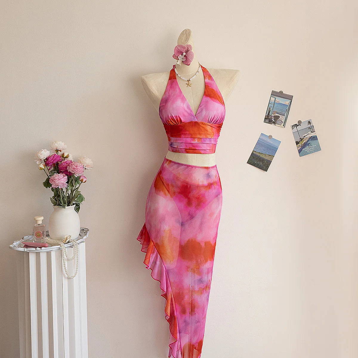 

Faionable Tee-Piece Women's Bikini Swimsuit Cross-Border Skirt Hanging Ne Design Conservative Sle Polyester Fabric