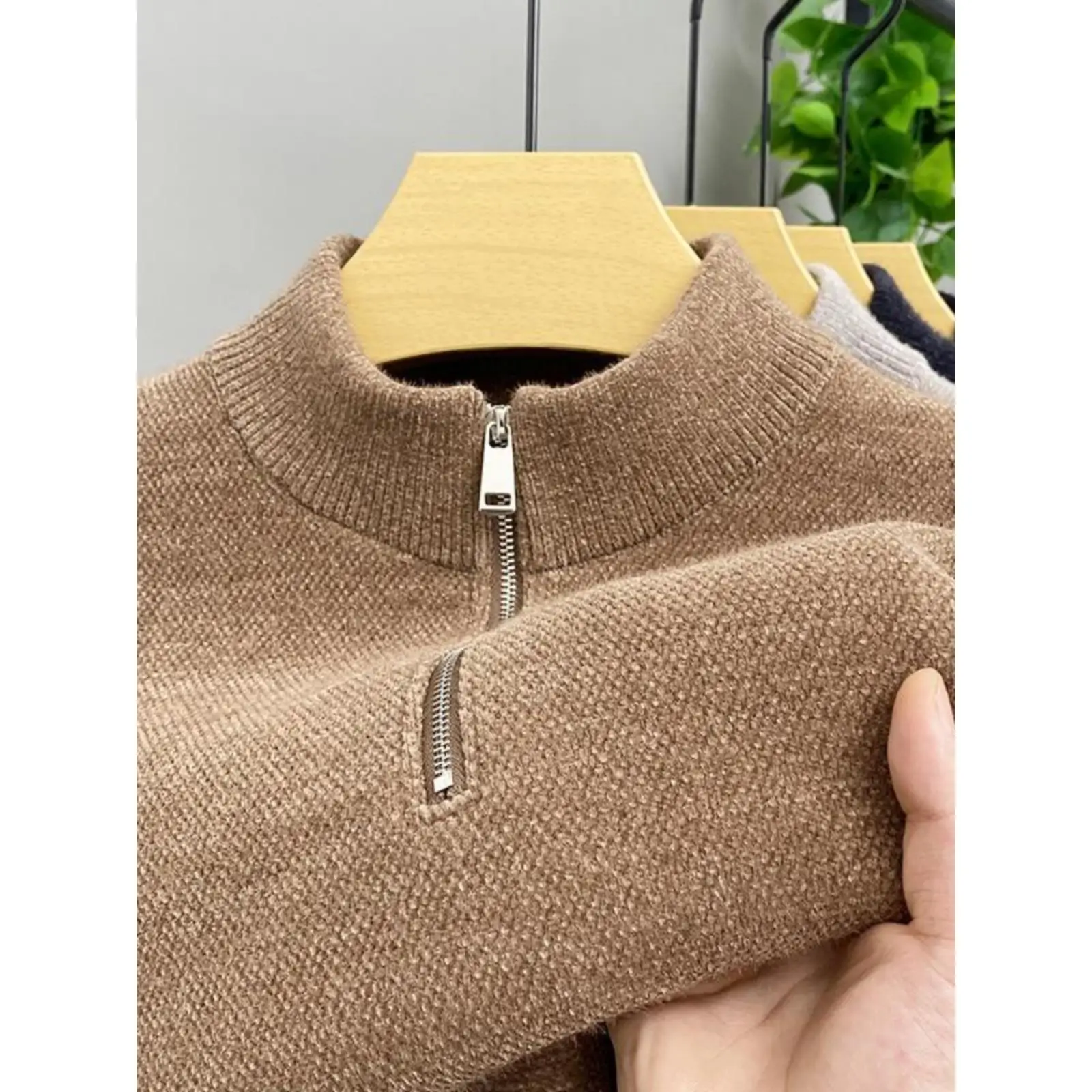 

Мужской вязаный свитер из вельвета с начесом, воротник-стойка, на молнии, теплая верхняя одежда, удобный крой, модный стиль