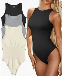 Bodysuit feminino monocromático sem mangas, top bodycon magro com gola U, fita sexy de bainha alta, outono e inverno, 2023