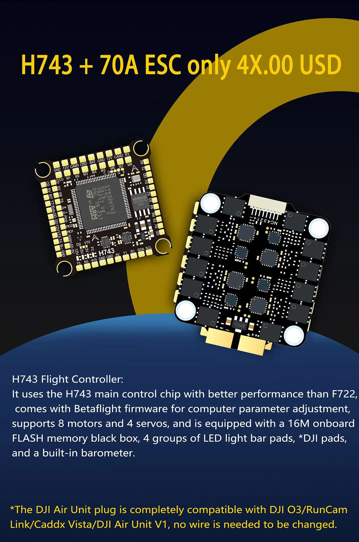 DAKEFPV H743 Flight Controller and ESC Combo for FPV Drone, Betaflight H7FC & 4in1 70A ESC, Support 3-12S, for Analog HD System