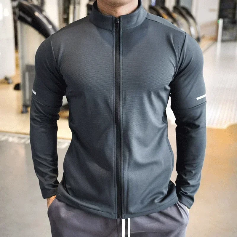 Sport Fitness Casual da uomo top manica lunga colletto alla coreana giacca tinta unita felpa da allenamento da Jogging con Zip Running