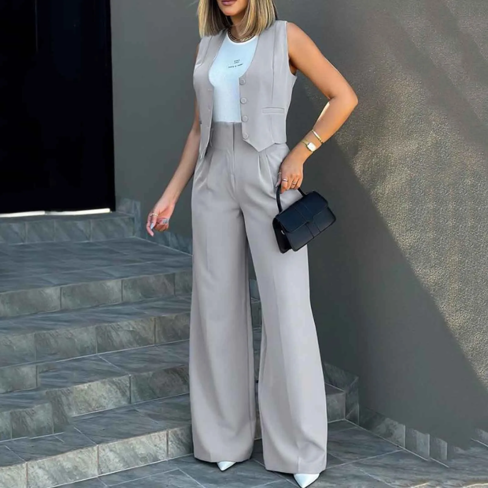 Women Suit Women Vest Elegant Lady Baggy Pants Set with Sleeveless Vest Women\'s High Waist Wide Leg Pants in for Fashionable