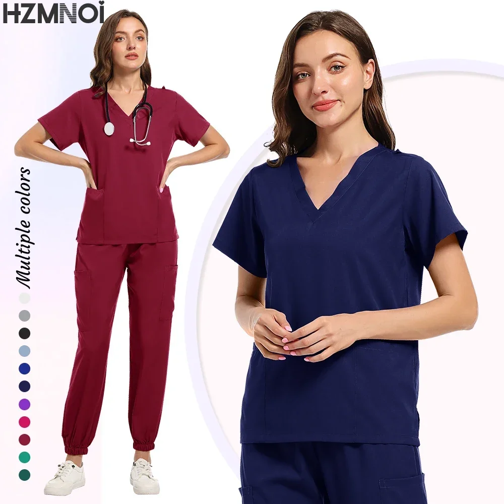 Odzież robocza unisex Garnitury Lekarz Mundury pielęgniarskie Krótki rękaw Topy z dekoltem w kształcie litery V Spodnie z kieszeniami Zestaw peelingów pielęgniarskich Odzież medyczna kliniczna