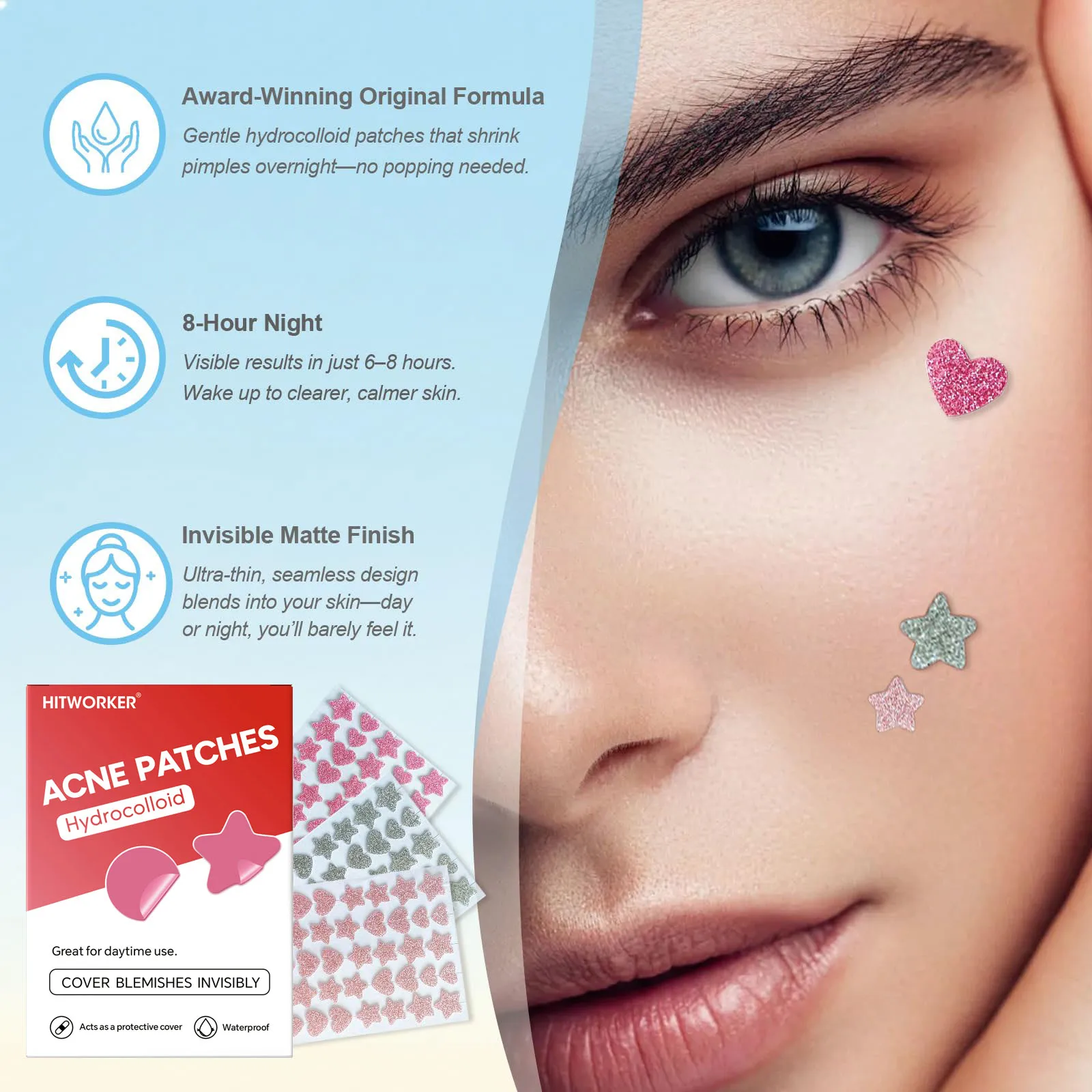 120 pieces/box HITWORKER star shaped glitter acne stickers odorless, gentle, non irritating, long-lasting acne stickers