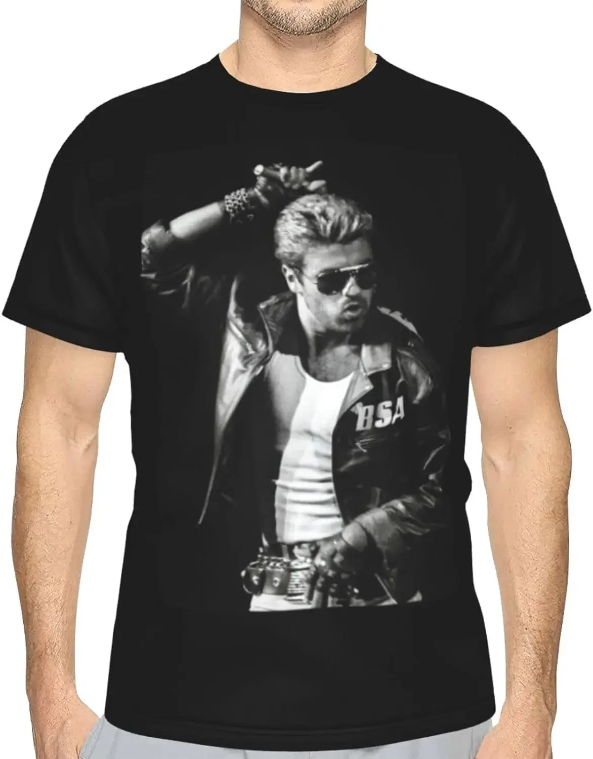 George Music Michael Shirt Men's Fashion Breathable Full Print Casual Round Neck Short Sleeve T-Shirt Top Black