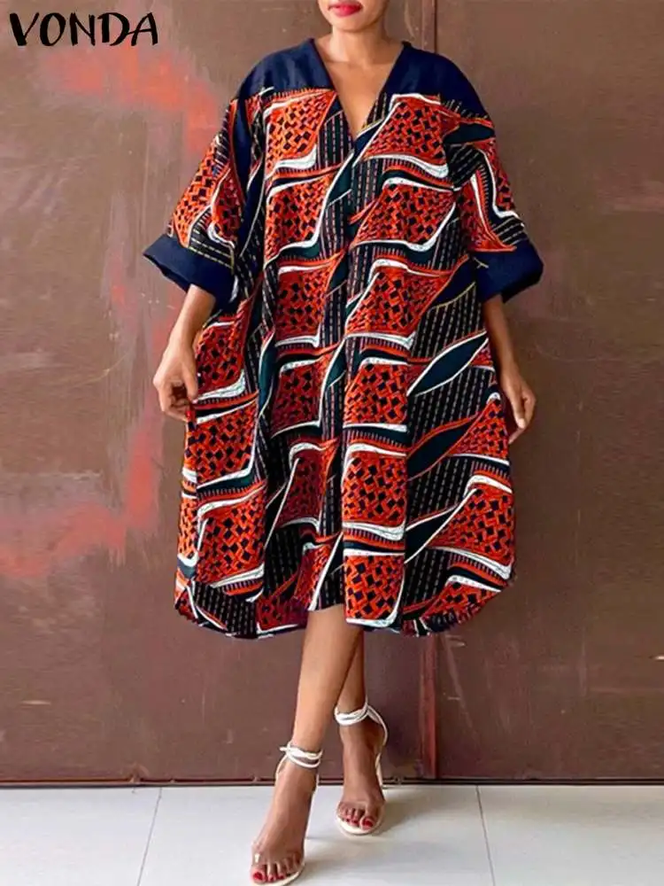 Plus Size 5XL Women Party Dress 2024 VONDA Summer V Neck Sundress Sexy Half Sleeve Bohemian Printed Dress Vestidos Loose Robe