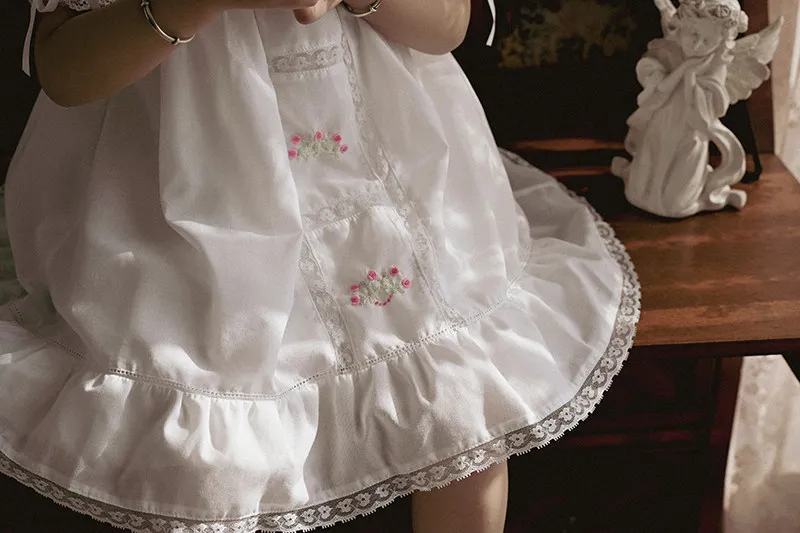 Vintage Cottagecore Nachthemd für Kinder mit Blumenstickerei, Spitze, Puffärmeln, Babydoll-Kleid, Süßes Lolita Locker Sitzendes Smoking-Kleid – Detail 3