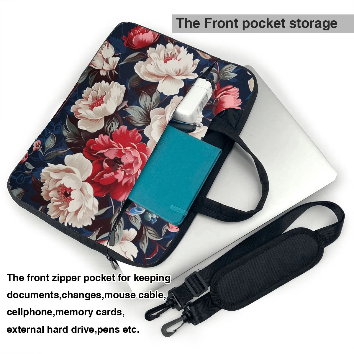 peony flower white red laptop bag printed pattern fashion briefcase ultra-thin portable shoulder laptop bag 13 14 15.6in