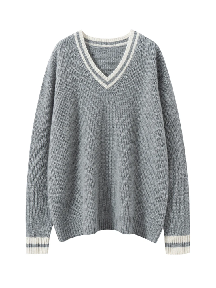 

TLOML New Women's 100% Cashmere Sweater V-neck preppy Style Pullover Cashmere Knitted Autumn Winter Soft Warm Clothing Chic Tops