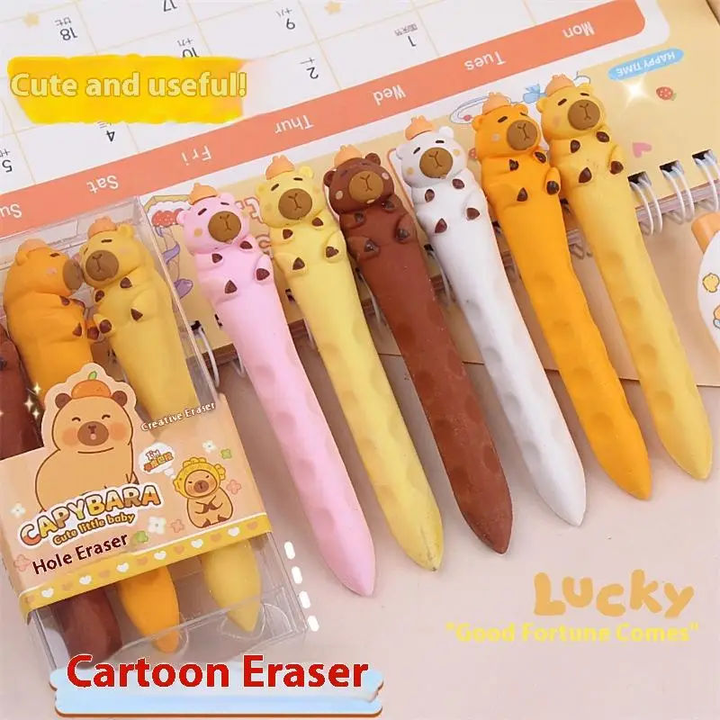 1Set Cartoon Cute Capybara Hole Rubber Durable Eraser Student Sketch Clean Traceless Eraser Set Stationery Supplies