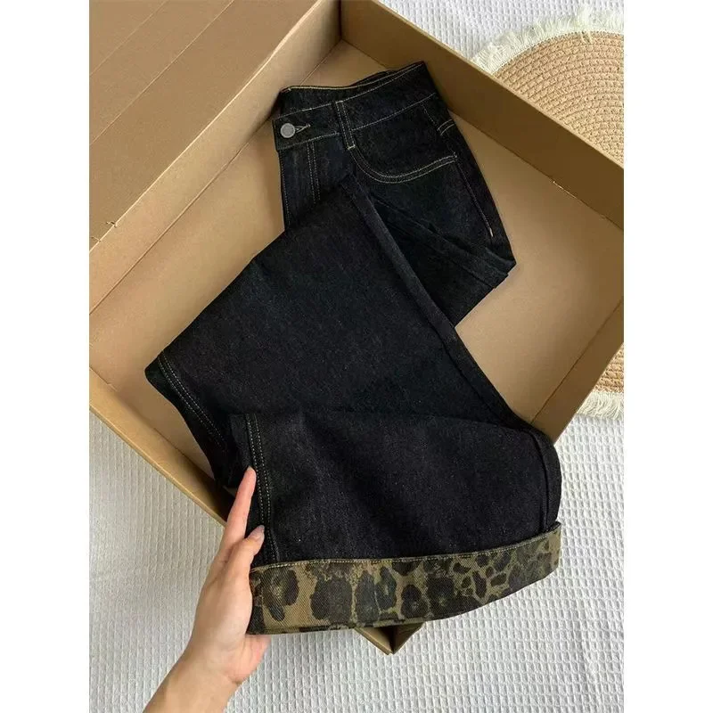 

American Retro Leopard Print Curled Edge Design Wide Leg Jeans Autumn New High Waisted Loose Fit Slimming Contrasting Leg Pants
