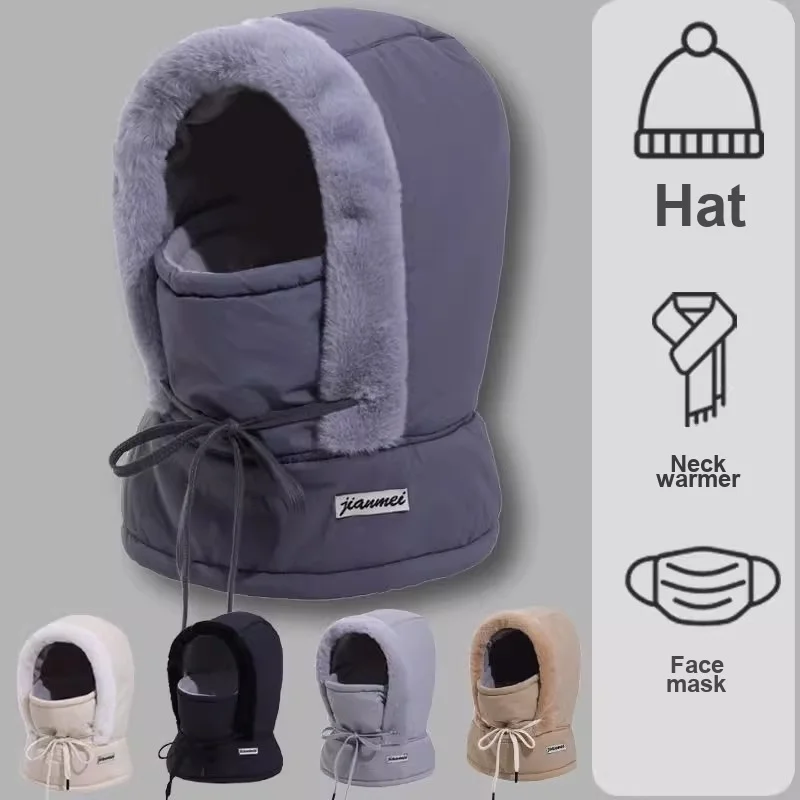 Winter Warm Protective Hat Large Brim Windproof Fleece Lined Integrated Neck Gaiter Face Cover for Men Women Cycling