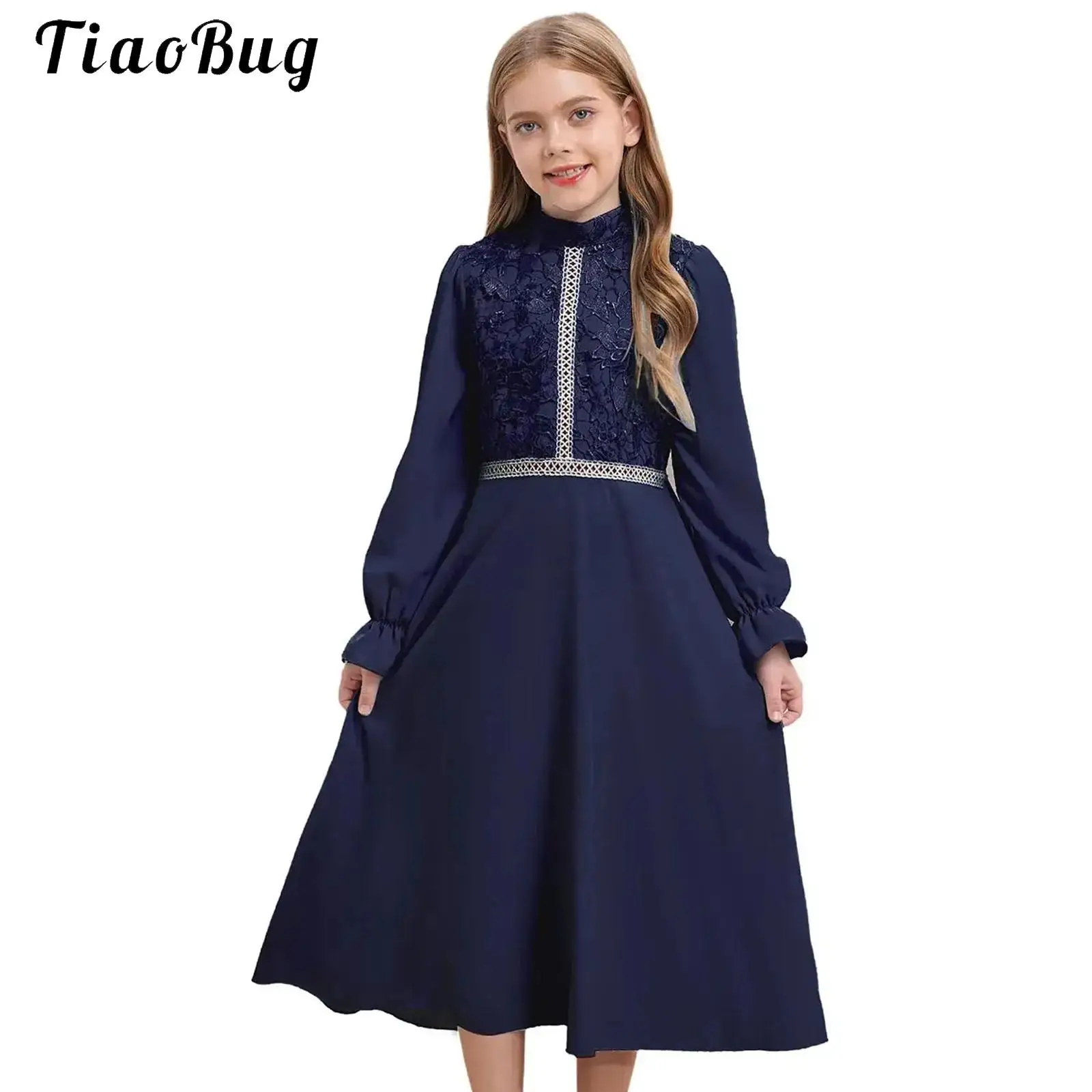 

Kids Girl Floral Lace Birthday Party Dress Mock Neck Long Sleeve Flower Girl Dresses Elegant Princess Wedding Party Gown