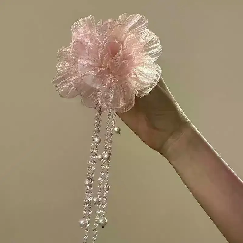 Organza Flower Hair Clip With Dangling Pearl Tassel And Romantic Elegant Design For Hanfu Photoshoots Weddings Daily Wear