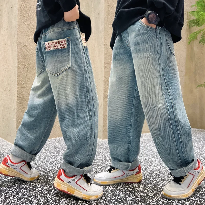 2026 New Boys Cool Jeans Spring And Autumn Trousers Korean Casual Blue Loose Pants Painting Print Children's Clothing 5-14Years