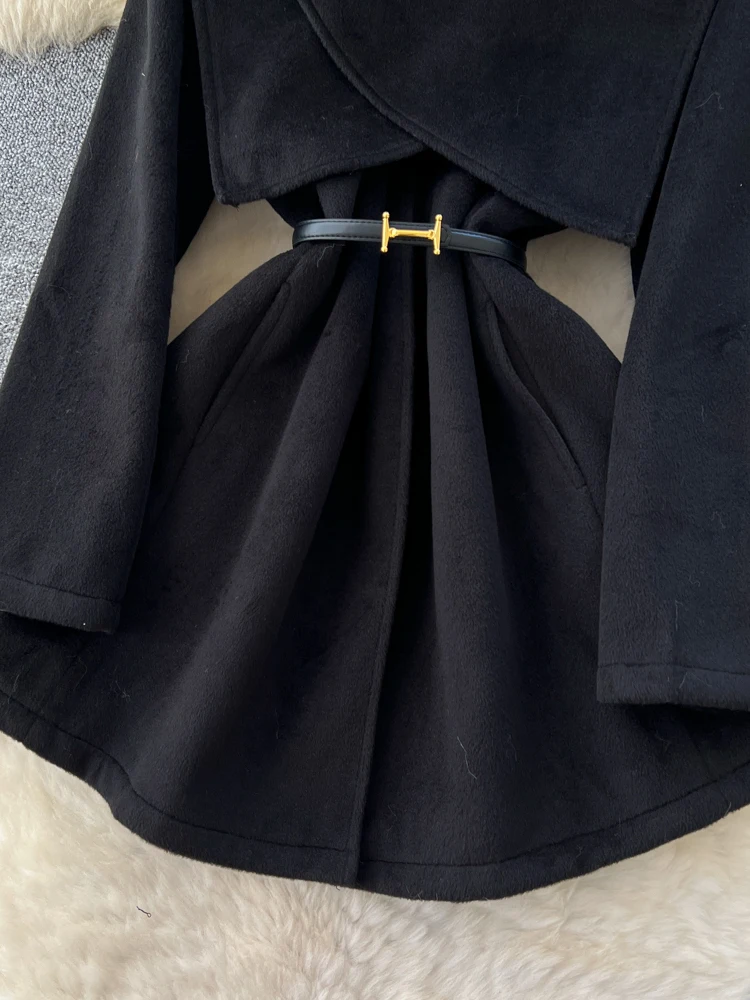 エレ ハイウエスト ニット ウール コート ベースレイヤー ハイネック ツーピースセット レディース ファッション 通勤 スタイル Aラインスカート