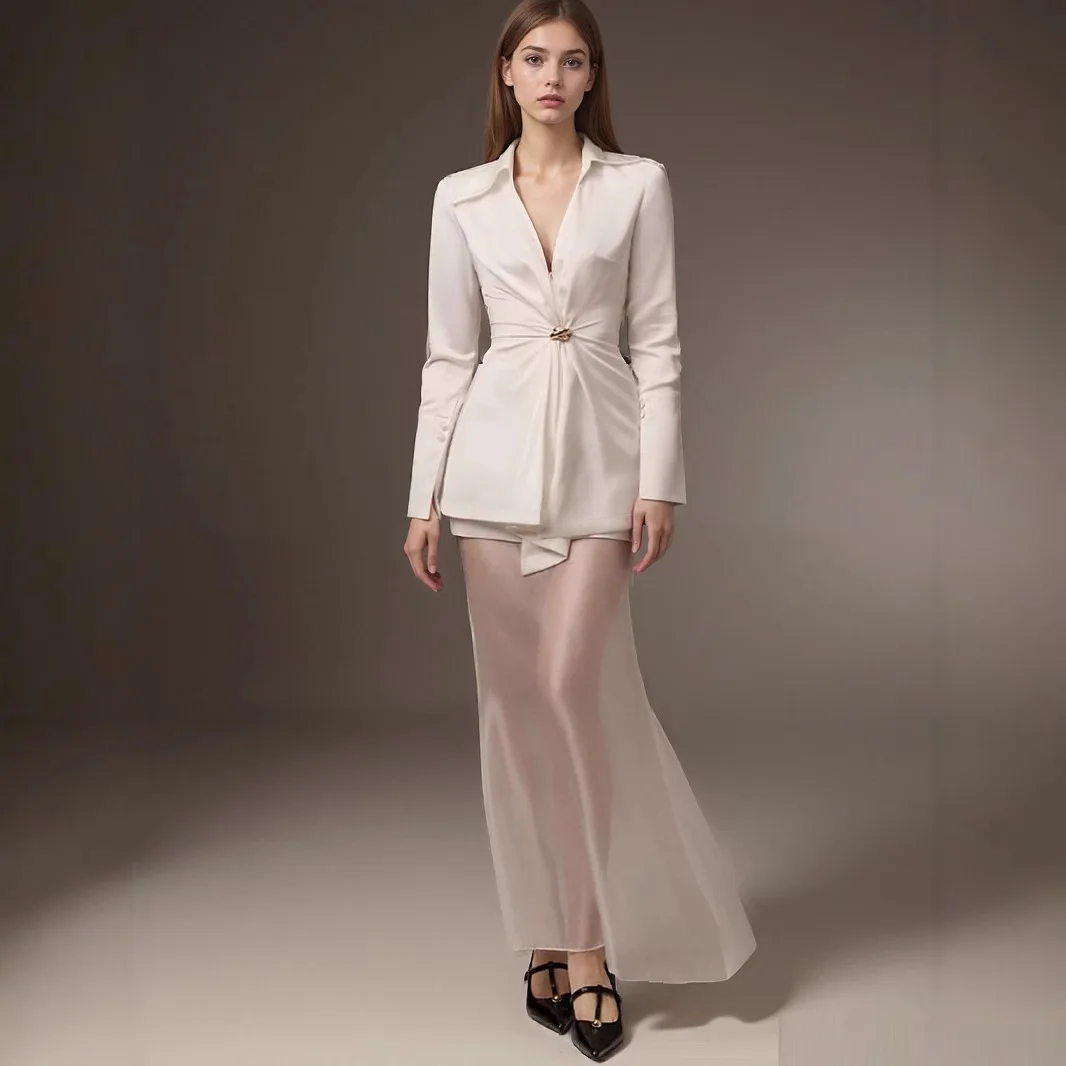 

Satin Solid Color V Neck Elegant Blouses Women Slim Tops Office Lady Turn Down Collar Work Shirts 2026 New Blouse For Female