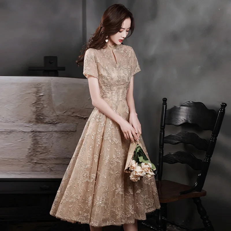 

Champagne Elegant Evening Dresses For Women Floral Print Illusion Sleeve A-Line Dress Valentine Day Gowns Vestido Feminino