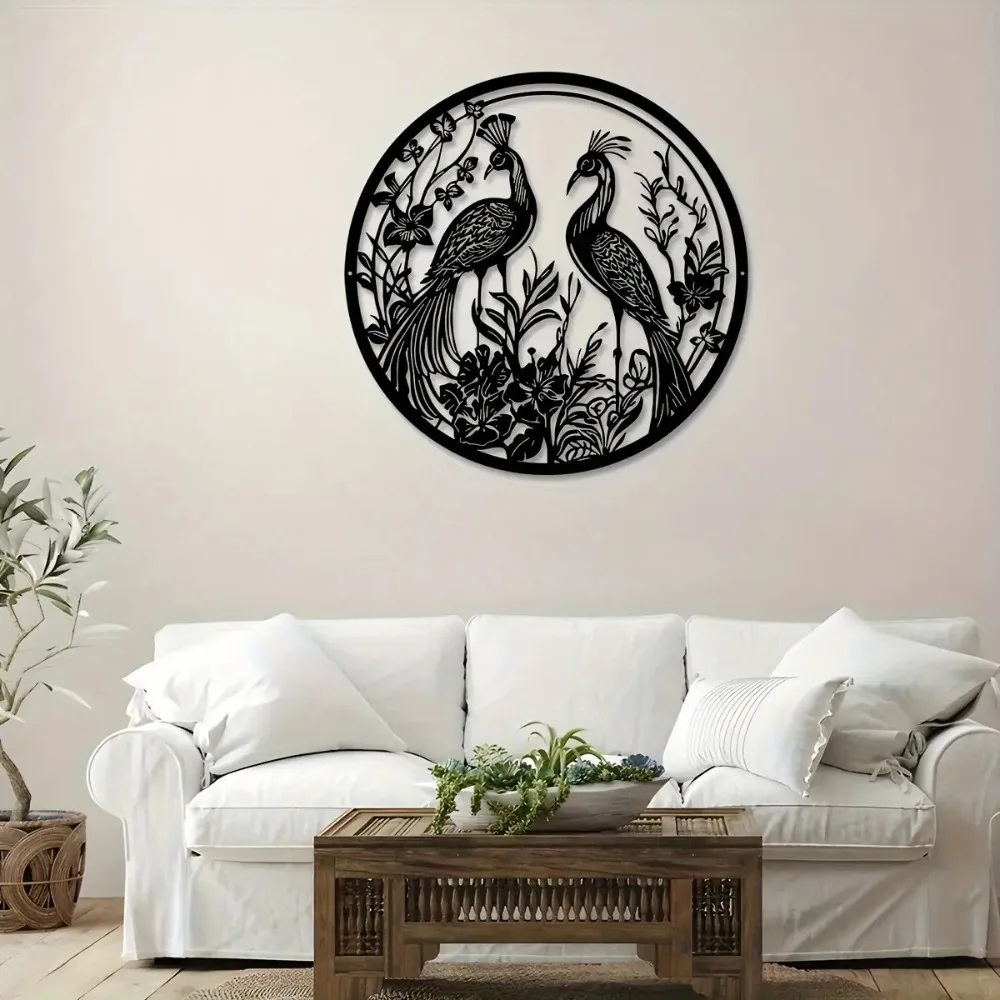 Intricate Floral Peacock Metal Wall Art Vintage Round Weatherproof Decor for Garden Living Room Indoor Outdoor