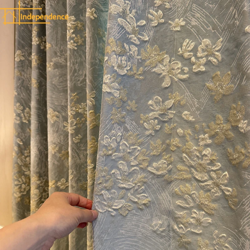 Matcha Green Mountain Camellia Embossed Jacquard Thick Blackout Curtains for Living Room French Window Balcony Window Custom