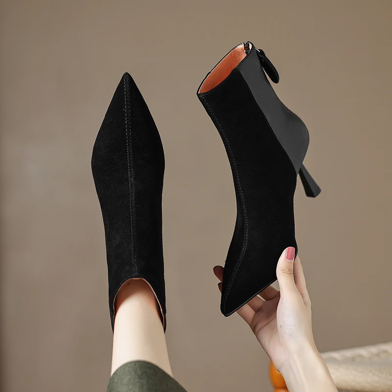 

Новинка 2026, осенне-зимние женские ботильоны из натуральной кожи, ботинки челси из овечьей замши и воловьей кожи с острым носком на высоком каблуке 22-24,5 см