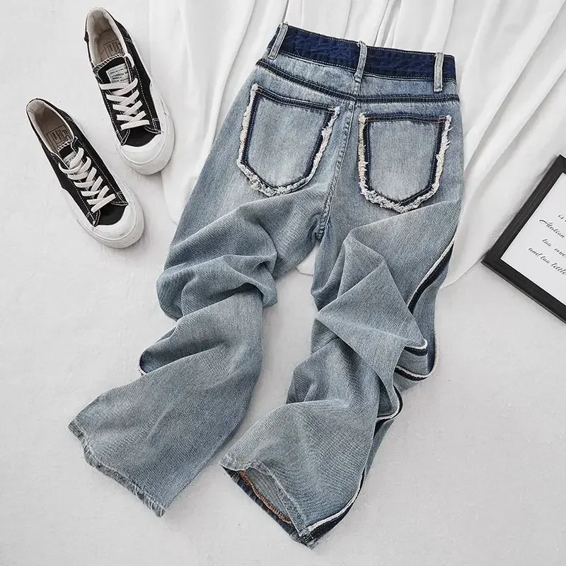 2024 Women's Summer New Light-colored High-waisted Wide-leg Denim Contrasting Color Splicing Loose Mopping Straight Pants Thin