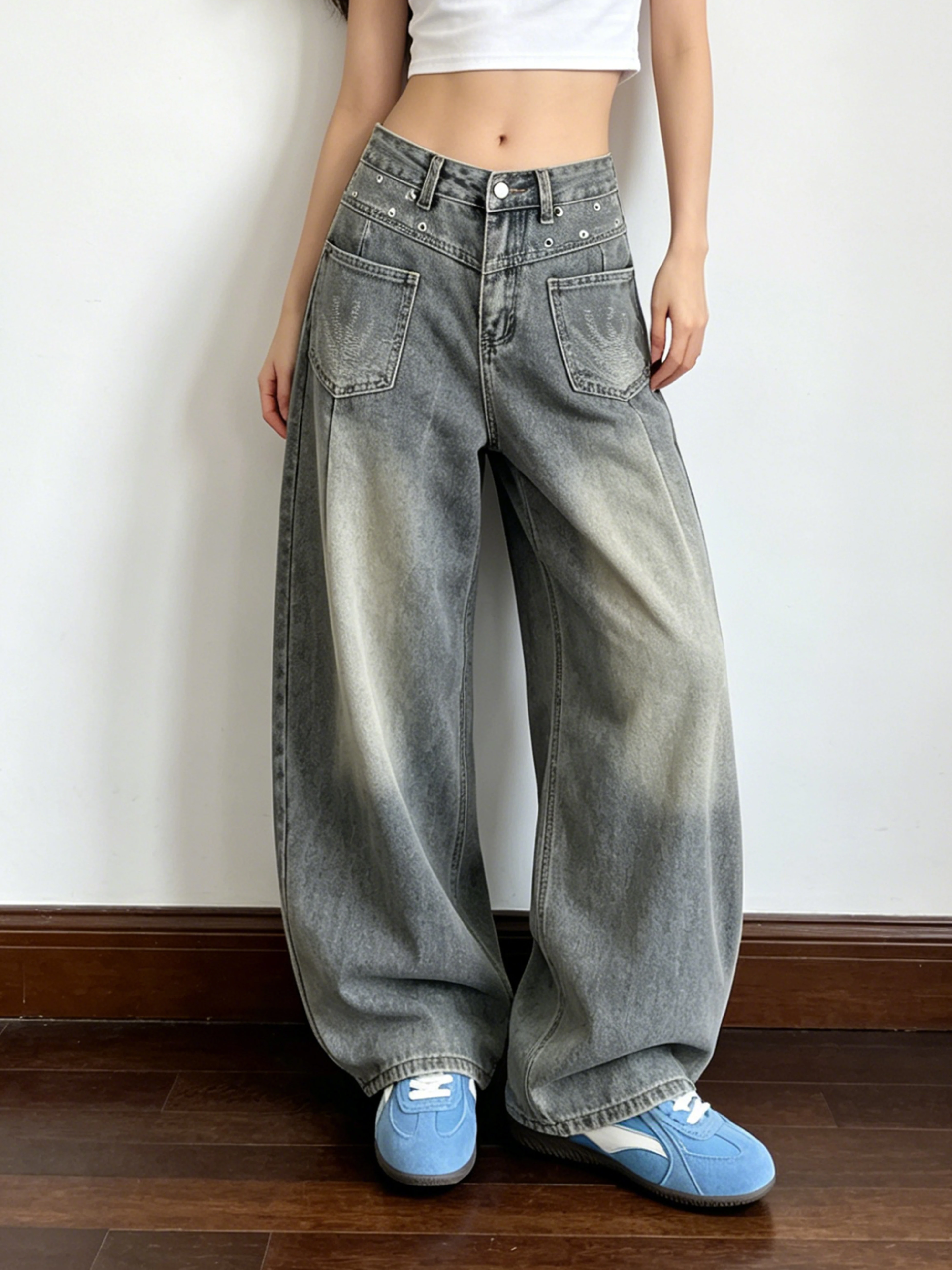 Small Ball American High Street Rivet Denim Jeans Women's Washed Vintage High Waist Slimming Wide Leg Floor-Length Pants