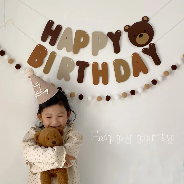 New Brown Bear Birthday Letter Pull Flag Baby Full Moon First Birthday kids Party Setup Banner