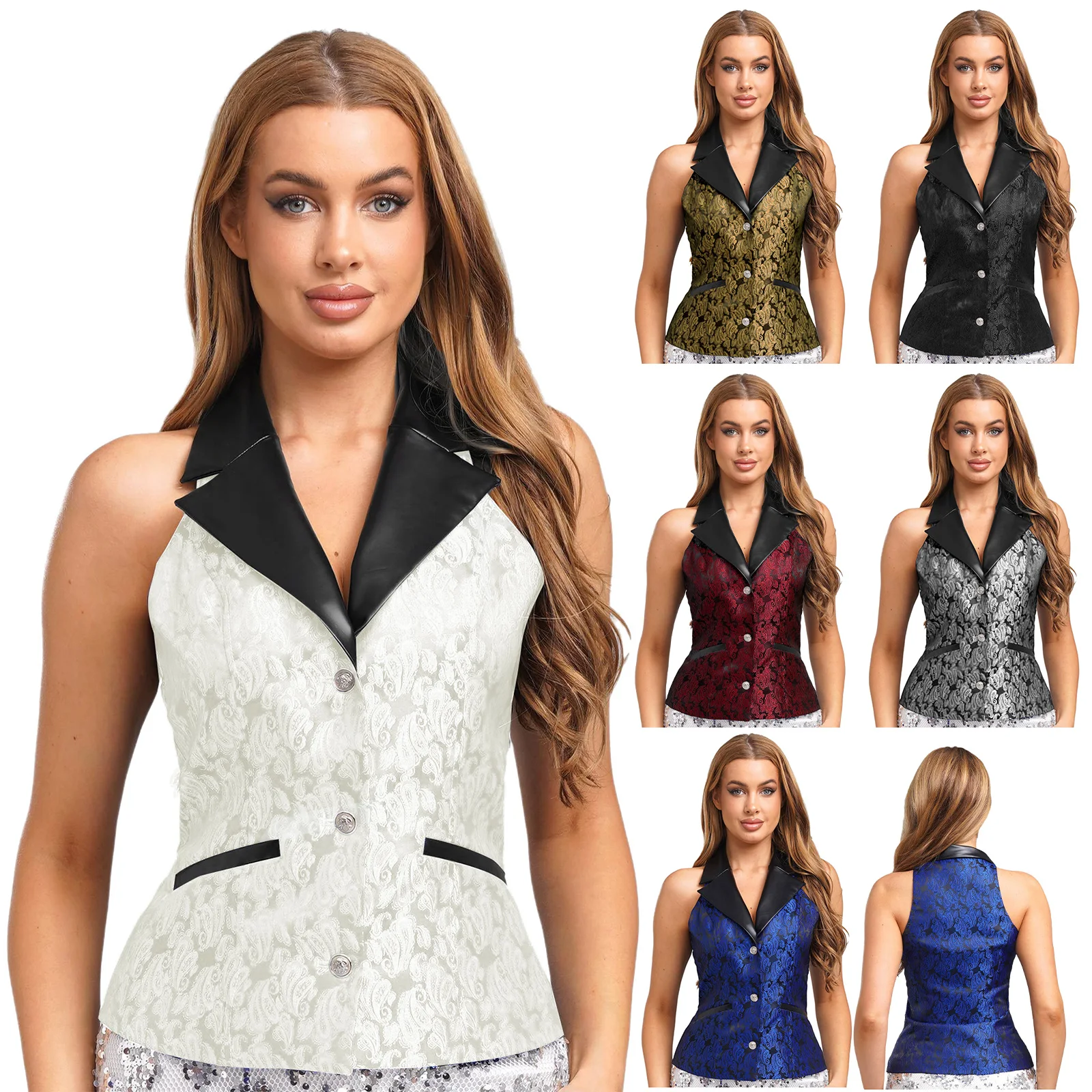 Women Fashion Formal Waistcoat Tops Soft Leather Patchwork Sleeveless Button-down Vest Medieval Gothic Steampunk Officer Vest