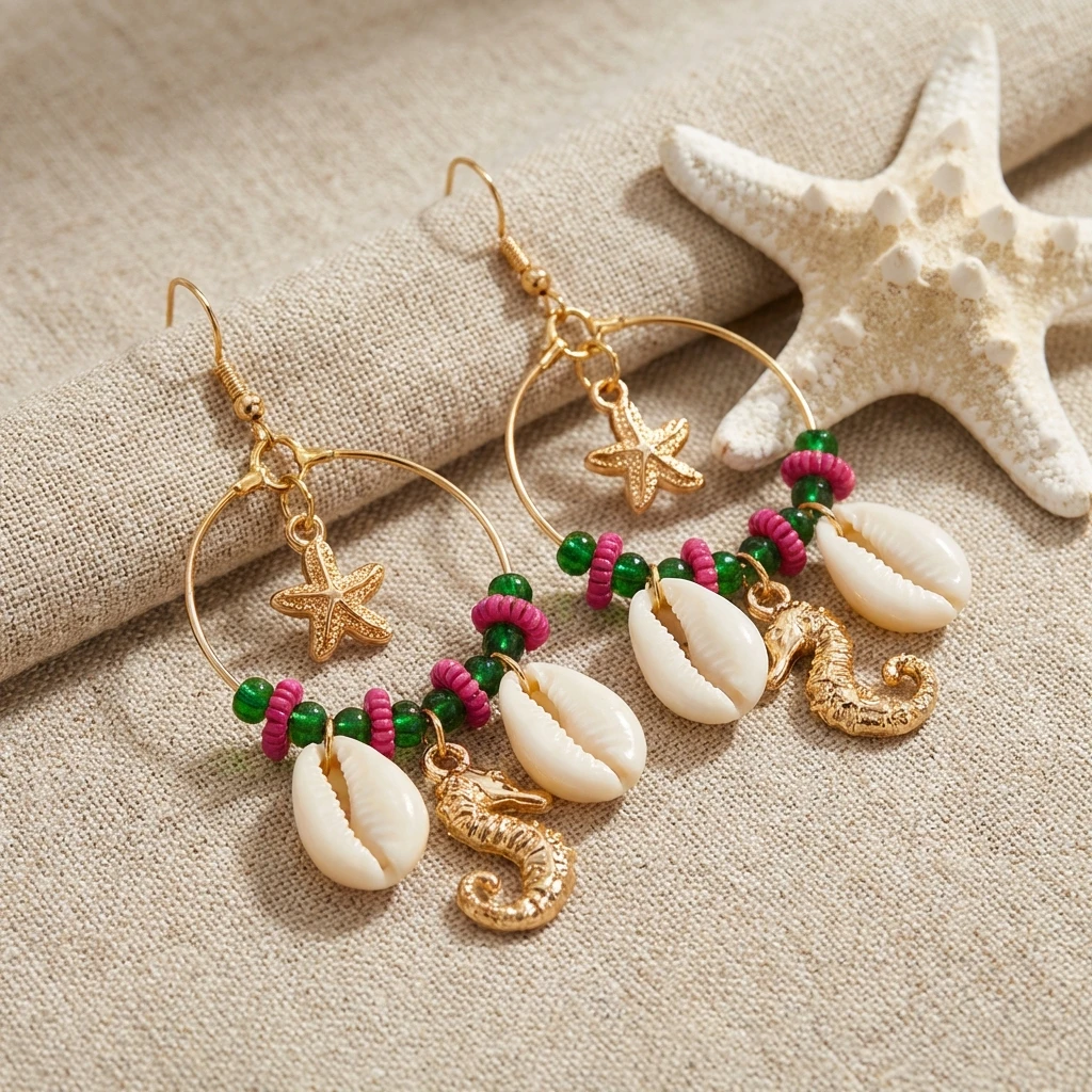 Böhmische Reisperlen-Ohrringe mit Großen Kreisen für Frauen, Seestern-, Muschel-, Schnecken- und Seepferdchen-Anhänger, Sommer-Strand-Party-Schmuck – Detail 5