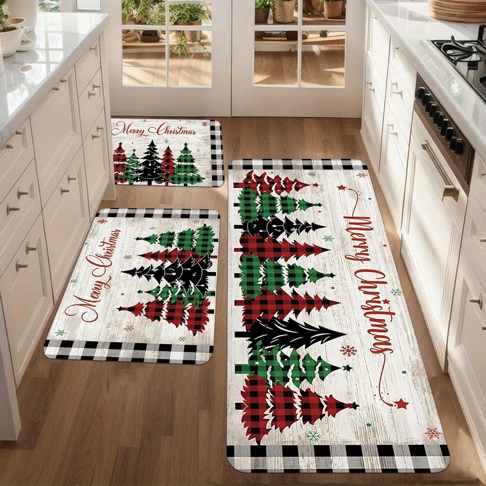 White Wood Grain Christmas Tree Rug 1/2/3pcs Buffalo Plaid Check Pattern Home Kitchen Floor Runner Welcome Entrance Doormat