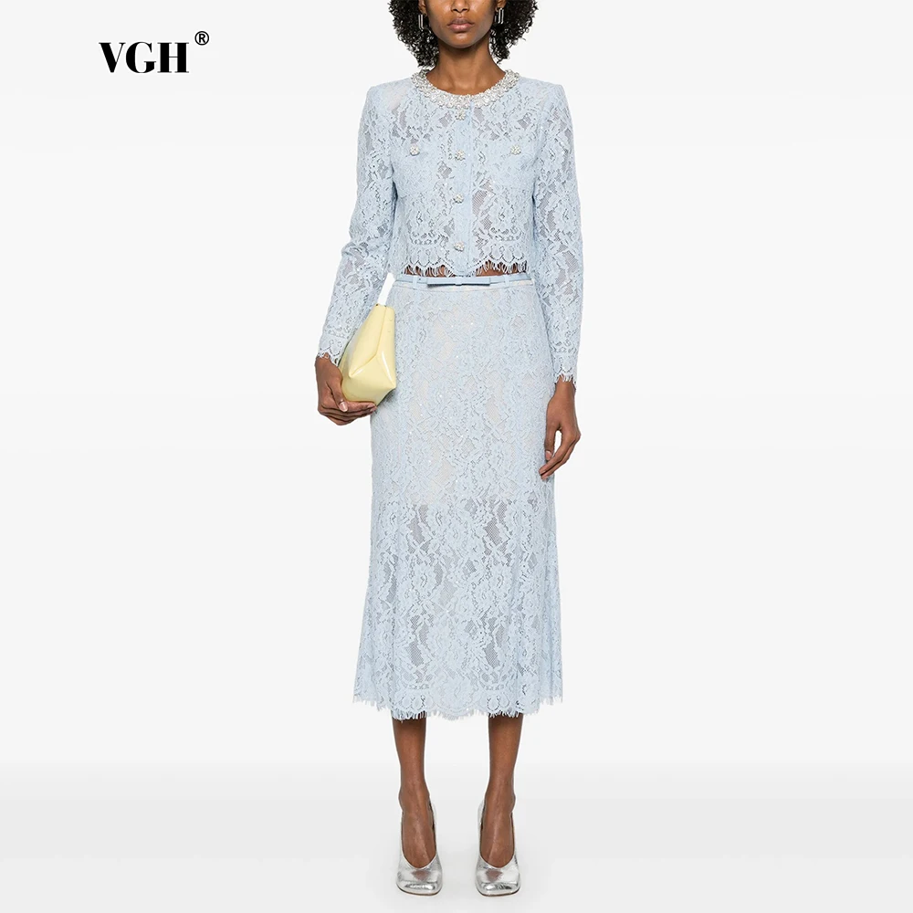 VGH Chic Two Piece Set for Women O Neck Long Sleeve Top High Waist Patchwork Sashes Midi Skirts Spliced Embroidery Outfit Female