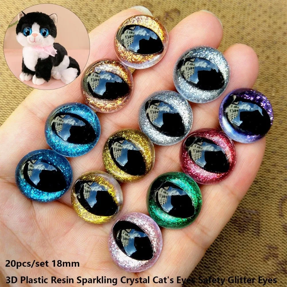 20pcs/set 18mm 3D Sparkling Crystal Cat's Eyes With Flash Pad 8 Colors Safety Glitter Eyes Crafts Parts Plastic Resin