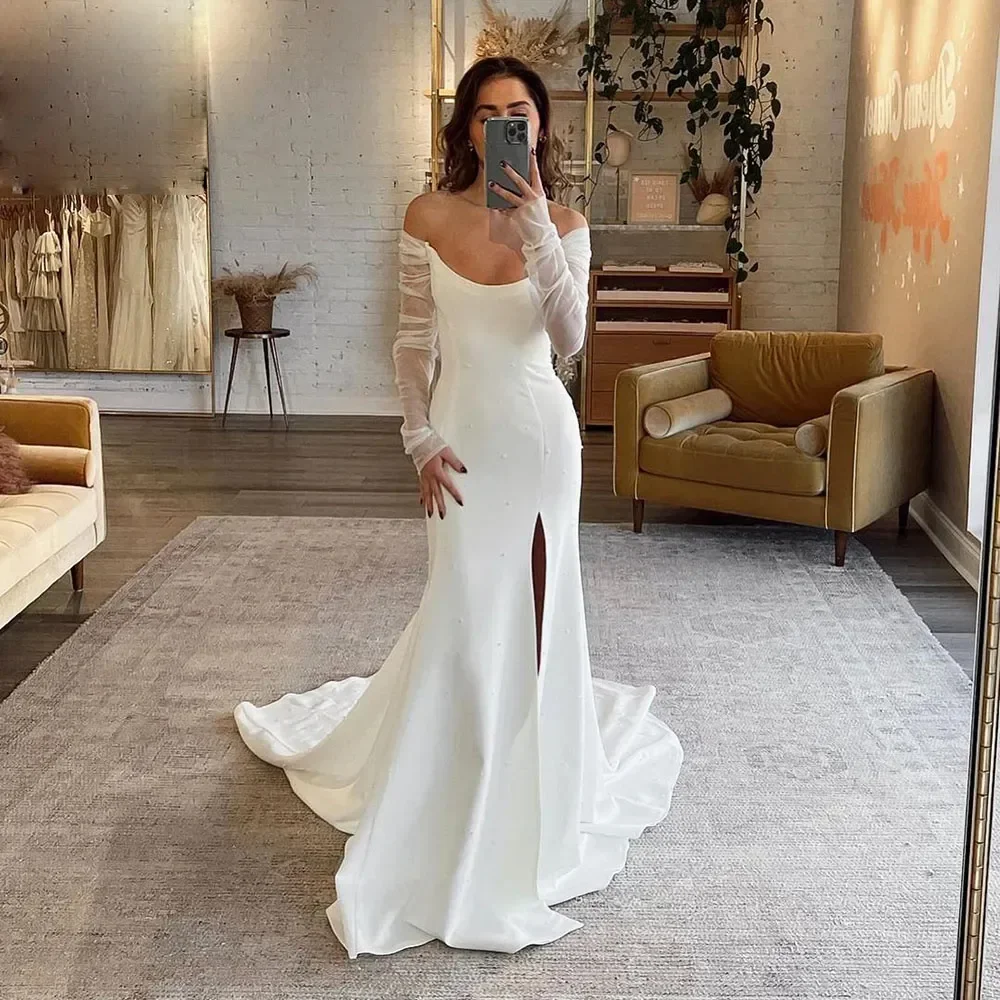 

Glamorous Mermaid gorgeous satin simple off-the-shoulder lace long sleeve high slit train bridal wedding dress Vestidos de novia