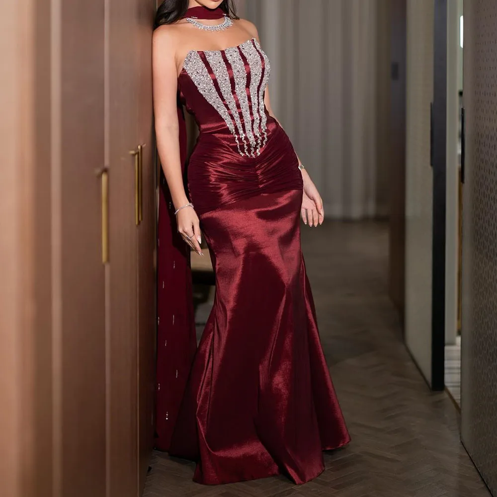 

Customized A-Line Prom Dresses Floor-Length Strapless Sleeveless Evening Gown Fashion Sequined Crystal Stole Draped Party Gown