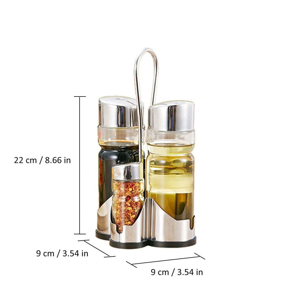 Seasoning Bottle Set Condiment Holder Seasoning Rack Four-in-One Shakers Glass Cruet Set with Caddy Stand Stainless Steel Tops