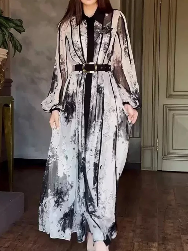 

Retro lapel tie-dye printing single-breasted long-sleeved dress 2025 spring women's new long skirt with belt and waist.