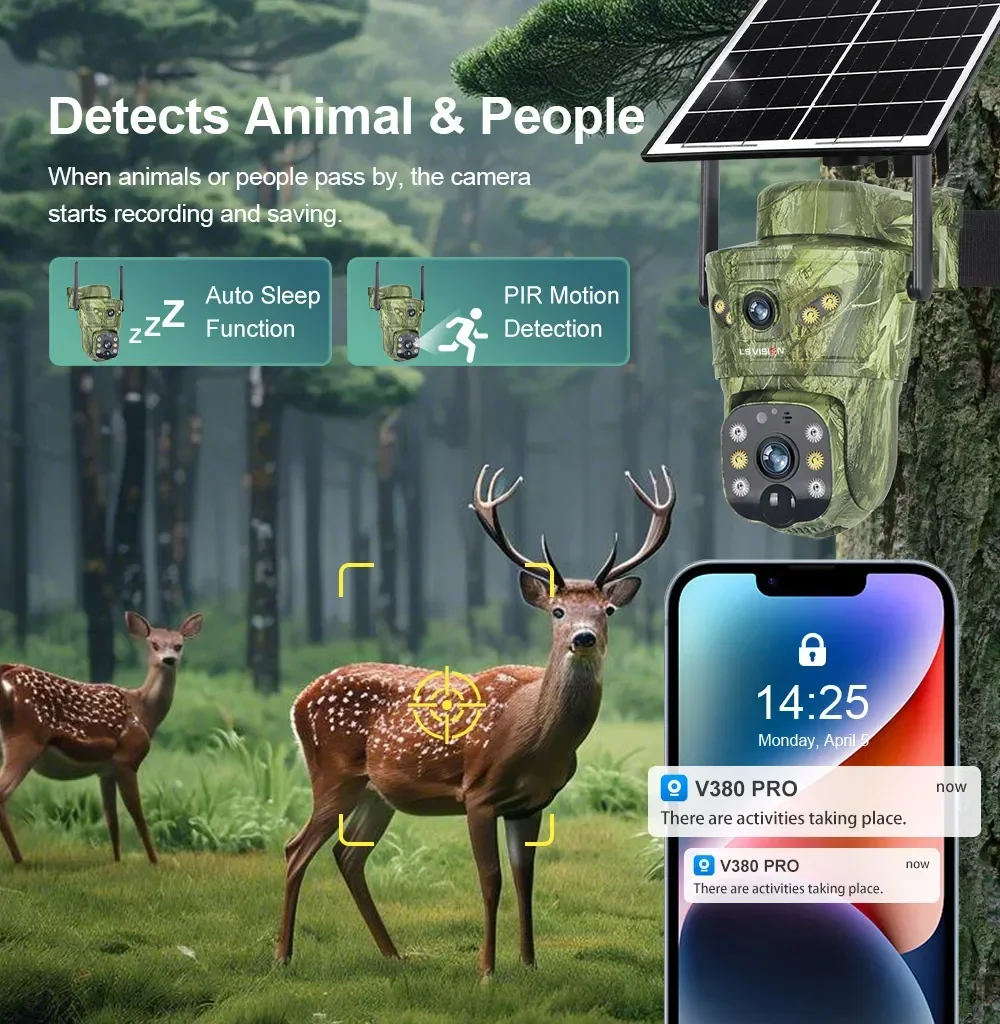 LS VISION 4G Solar Trail Camera Dual Screen WiFi Game Camera with Motion Activated Night Vision  Waterproof for Wildlife Hunting