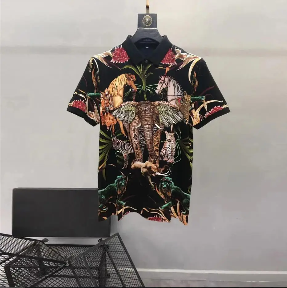 

European and American men's wear summer 2022 new Short sleeve lapel print of palace horse and elephant Fashion cotton T-shirt