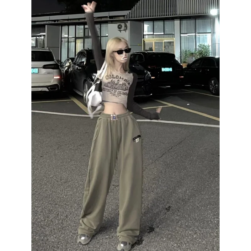 American Retro Cuffed Pants Women Summer High Waist Straight Wide Leg Casual Sport Pants