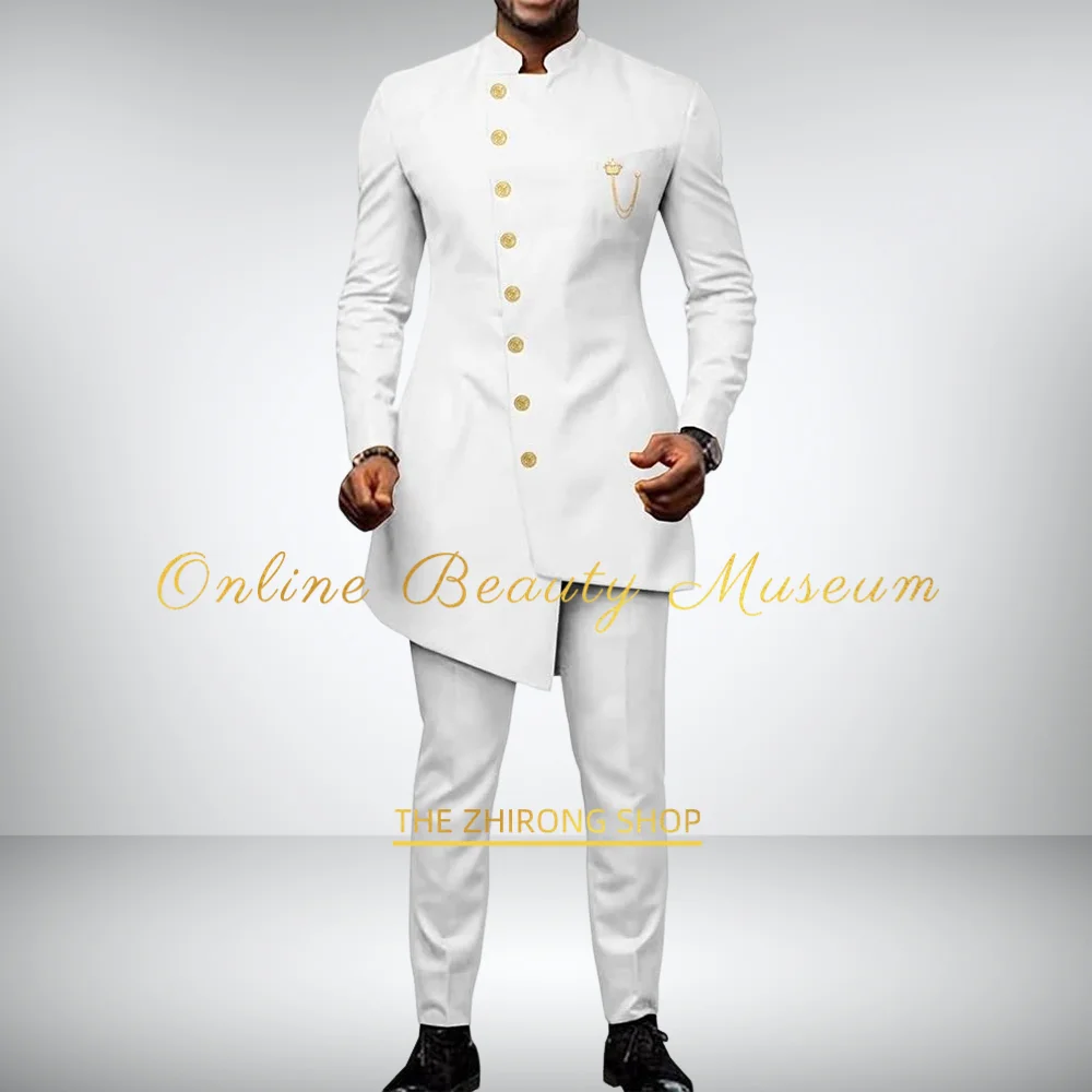 

African Men Suit for Wedding Banquet Ball Dashiki Party Traditional Ethnic Tribal 2-Piece White Custom Set (Jacket+Pants)