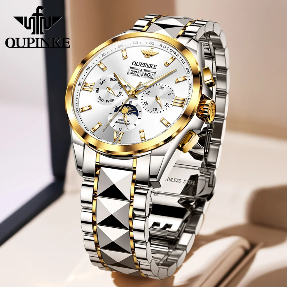 OUPINKE 3201 Auto Date Mechanical Watch For Men Moon Phase Deep Waterproof Dress Hand Clock Luxury Original Man Automatic Watch