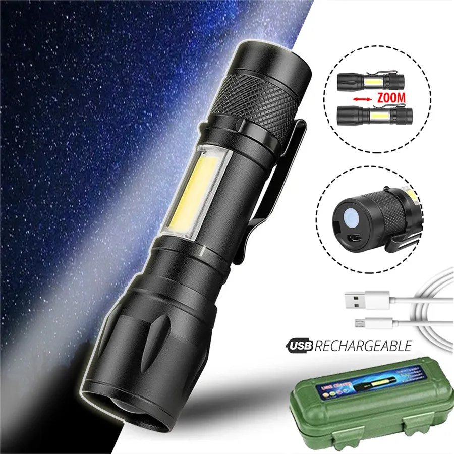 

Mini LED USB Charge Flashlight COB+XPE Portable Torch Camping Lantern Zoomable Focus Light Tactical Flashlight with Pen Clip