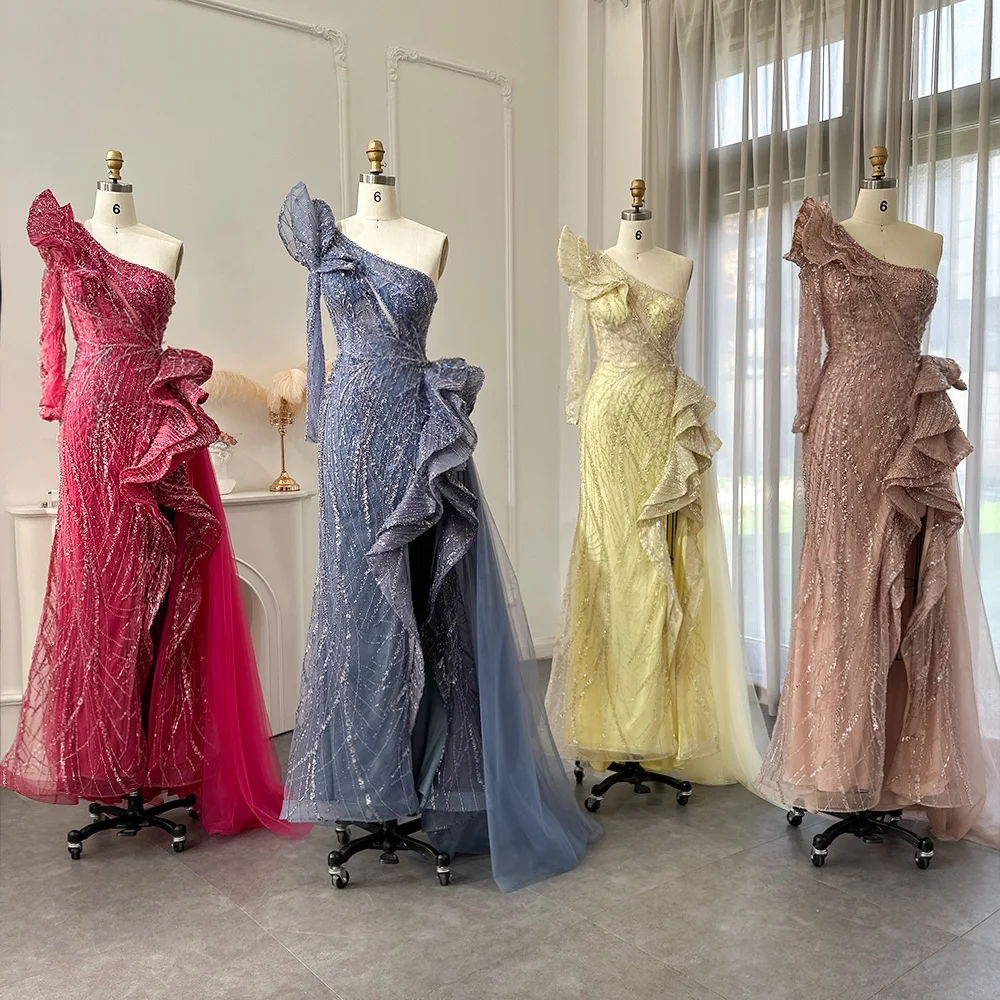 Sharon disse luxo um ombro empoeirado rosa sereia vestidos de noite com fenda uma manga para festa de casamento baile ss360l personalizado