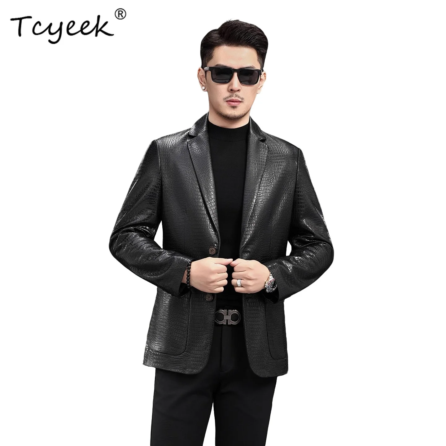 Tcyeek Top Layer Sheepskin Men Leather Jacket Crocodile-patterned Business Suit Coats Genuine Leather Jacket Men 2026 Jaquetas
