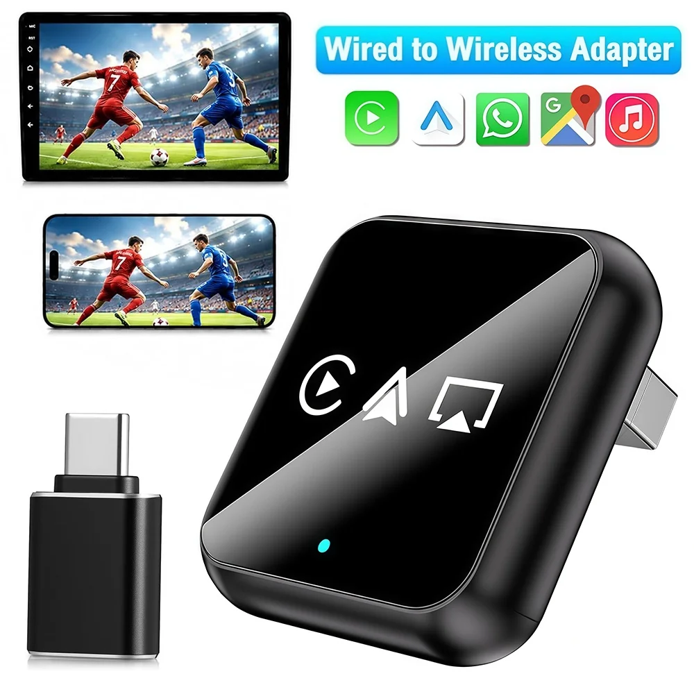 4-in-1 Wireless CarPlay Adapter Screen Mirroring Support AirPlay/Mirror Link, Bluetooth, Plug & Play, Wired to Wireless Convert