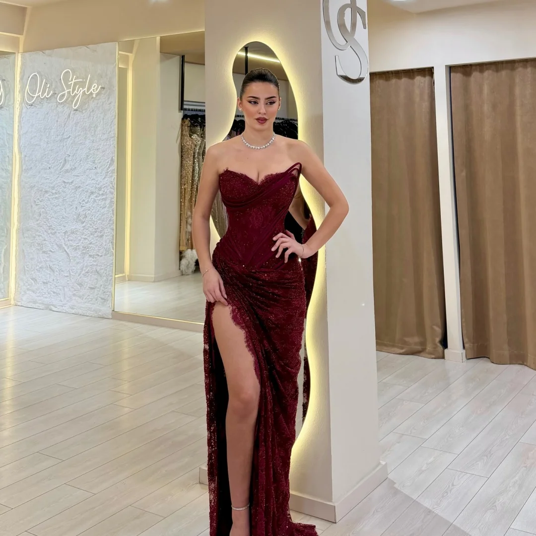 Amanda Customized Burgundy Strapless Prom Dress With Ruched Lace High Slit Trailing vestidos de noche Formal Evening Gown  2026 image 6